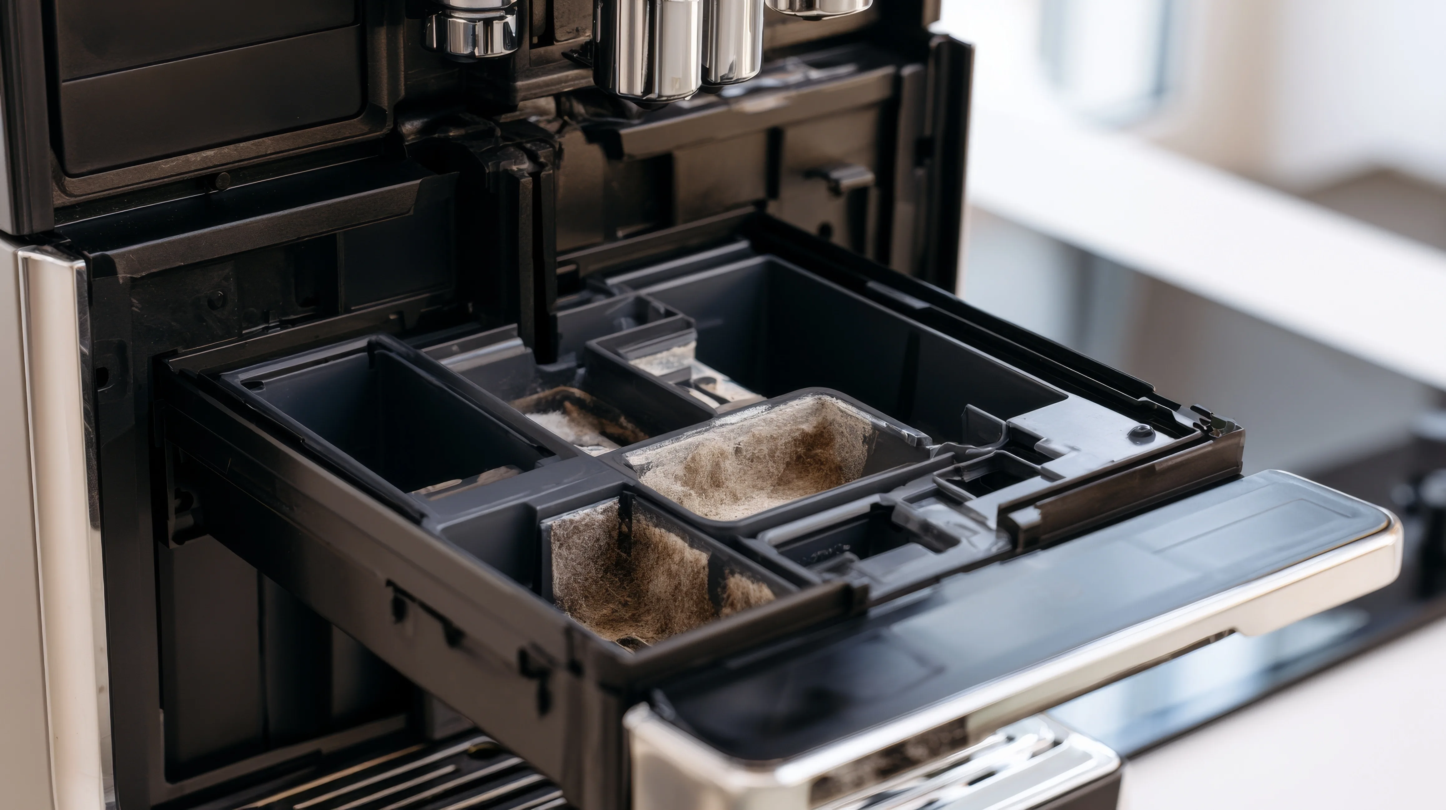 A coffee machine sits in a modern kitchen with an open drawer. The drawer holds used coffee grounds. It is time to clean the appliance after making a fresh cup of coffee.