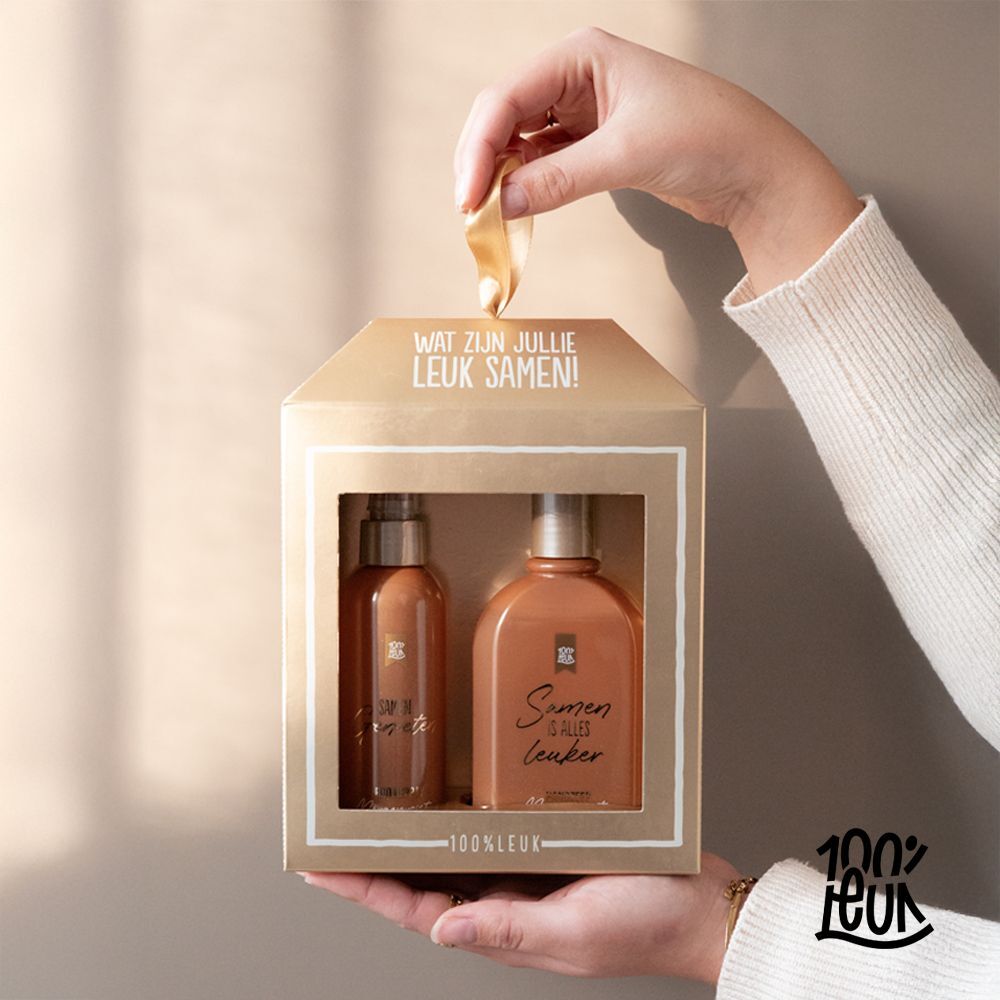 Cadeauset 'Wat zijn jullie leuk samen', Roomspray met Handzeep – 100% Leuk